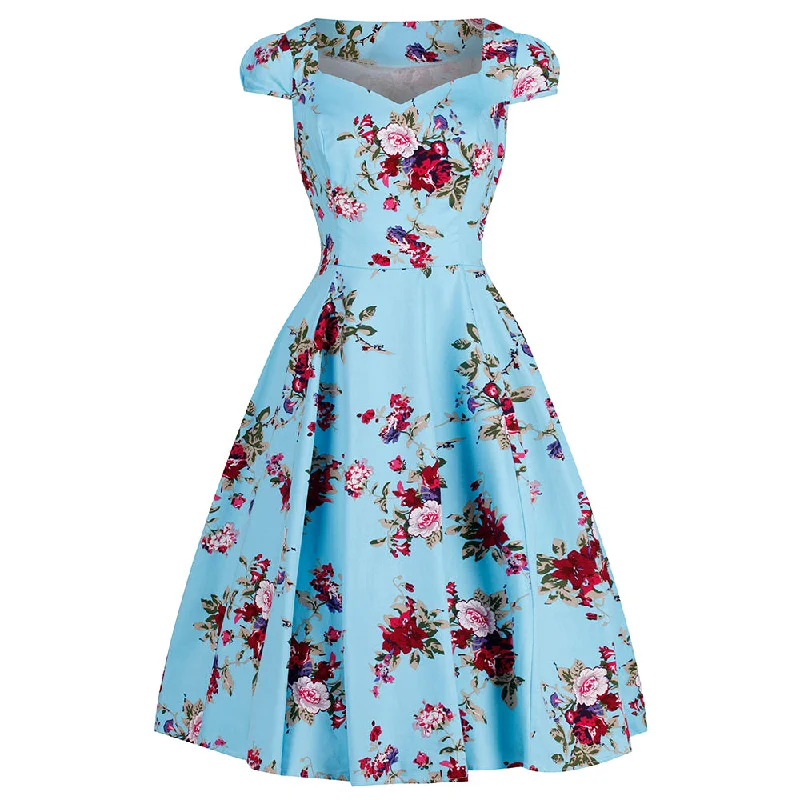 Sky Blue Vintage Floral Blossom Rockabilly 50s Swing Dress