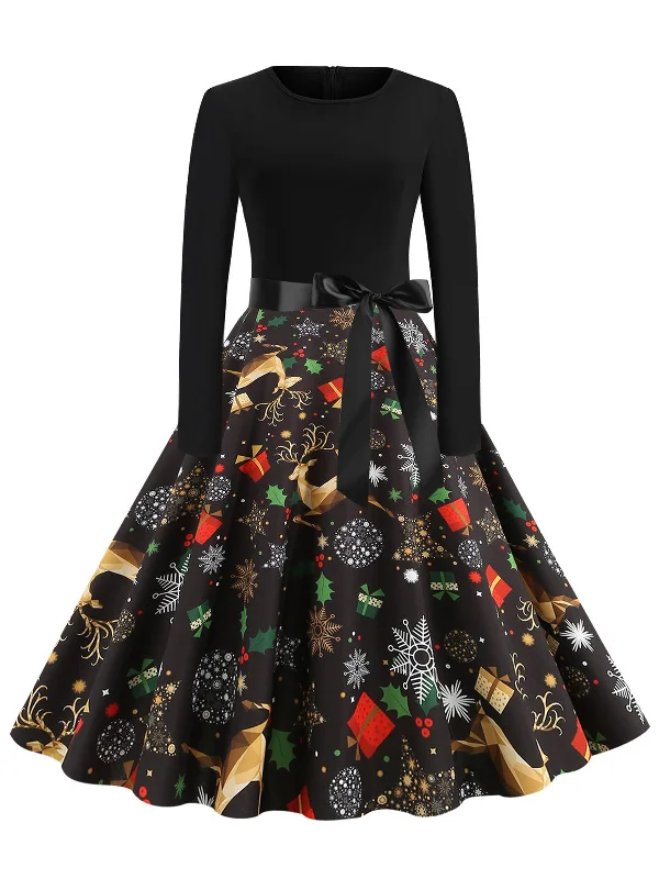Black 1950s Christmas Print Belted Dress