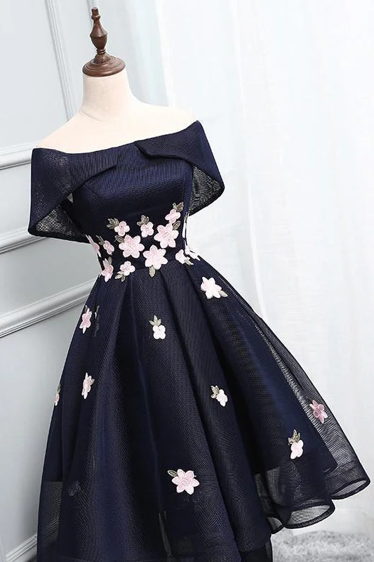 Ball Gown Off the Shoulder Appliqued Homecoming Dresses,Chic Asymmetrical Short Prom Dress OK423