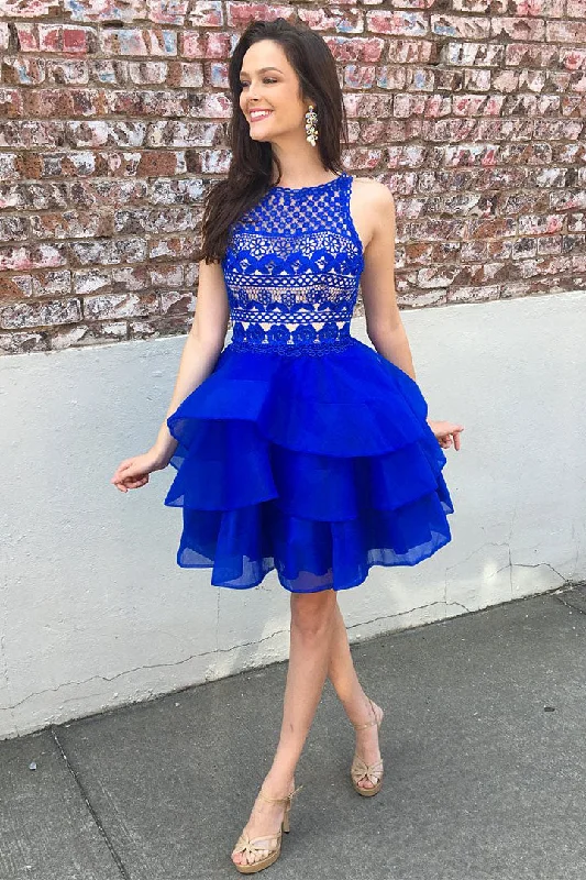 Cute A-line Lace Top Organza Skirt Royal Blue Tiered Short Homecoming Dress OKB73
