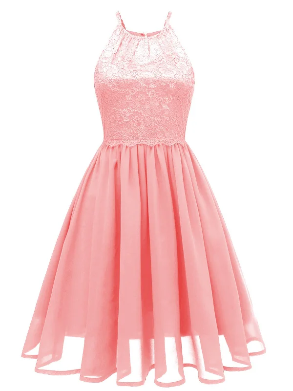 Pink 1950s Back-Hollow Crew Halter Dress