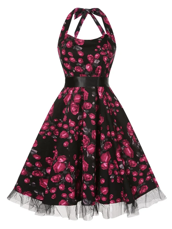 Red 1950s Floral Halter Lace Swing Dress