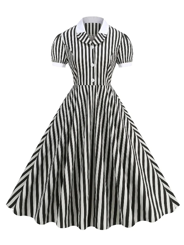 1950s Peter Pan Collar Black & White Stripes Dress
