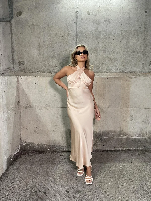 Peach-Nude Satin Gathered Cross Front Halterneck Midaxi-Dress