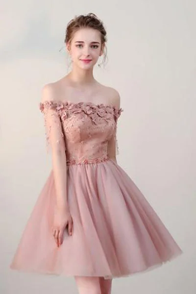 Chic Short Pearl Pink Off-the-shoulder Homecoming Dresses,Tulle Cheap Prom Dresses OK511