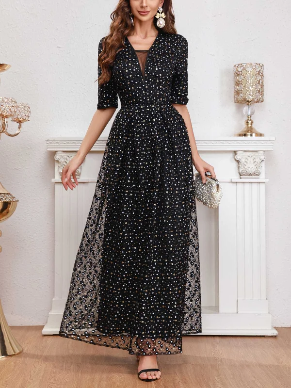 Black 1950s V-Neck Sequined Mesh Dress