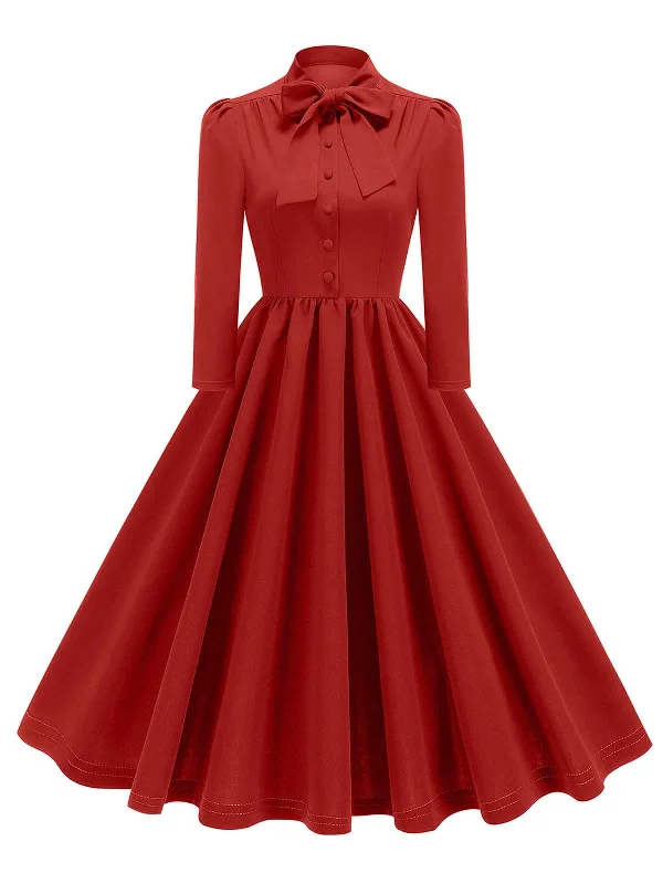 1950s Solid Bow Collar Buttoned Swing Dress