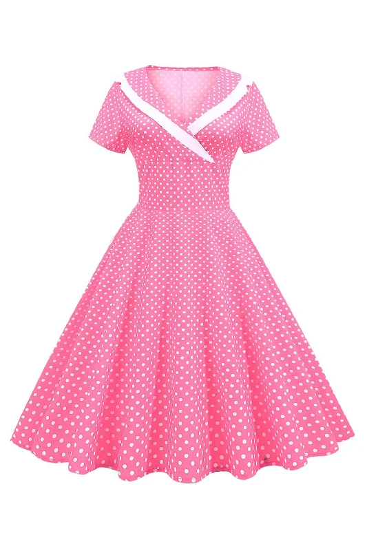 Pink Polka Dots V-Neck Short Sleeves 1950s Dress