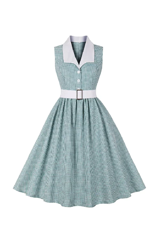 Green Plaid Swing 1950s Dress with Belt