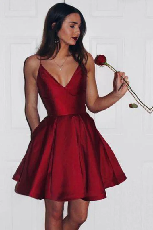 Burgundy Short Cute Simple Spaghetti Straps Homecoming Dress OK201
