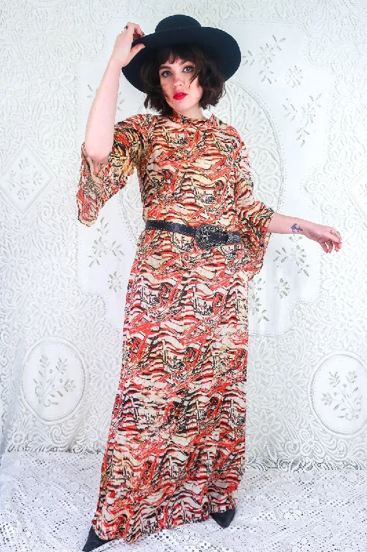 Vintage Dress - 70's Earth Tone Batik Bell Sleeve Maxi - Size S/M