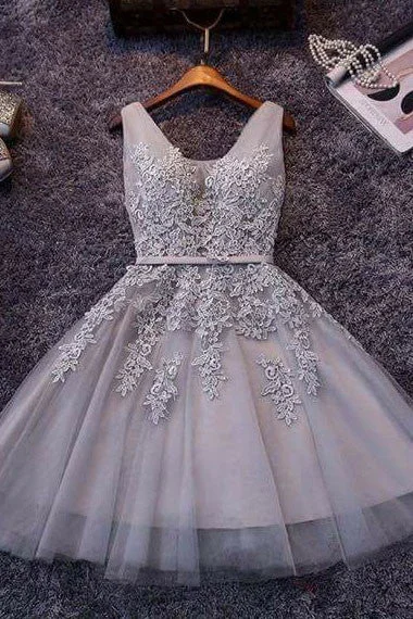 Princess Gray V-neck Lace Appliqued Homecoming Dress,Grey Tulle Short Prom Dresses OK302