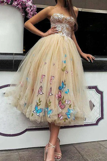 Princess Tea Length Tulle Prom Dresses,Ball Gown Lace Top Strapless Homecoming Dress OK428