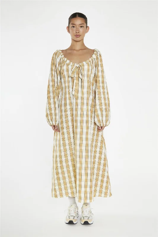 Beige-Cream Check Gathered Tie-Neck Midi-Dress