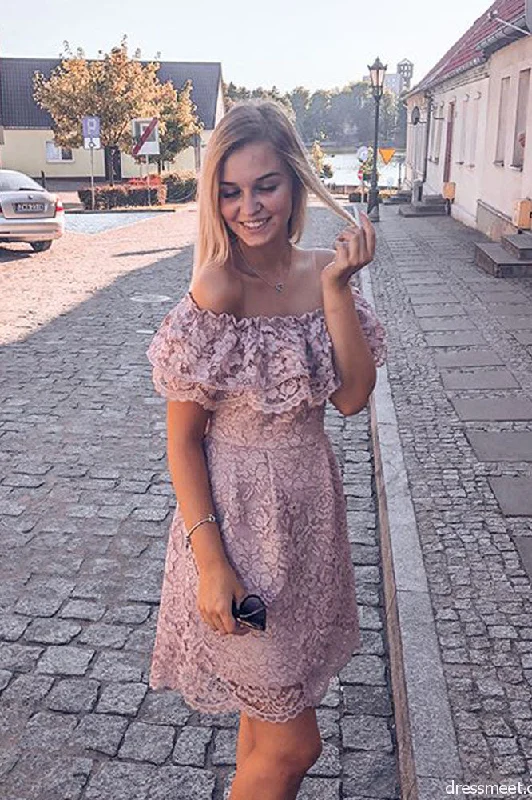 Elegant Off the Shoulder Blush Lace Short Homecoming Dress OKM73