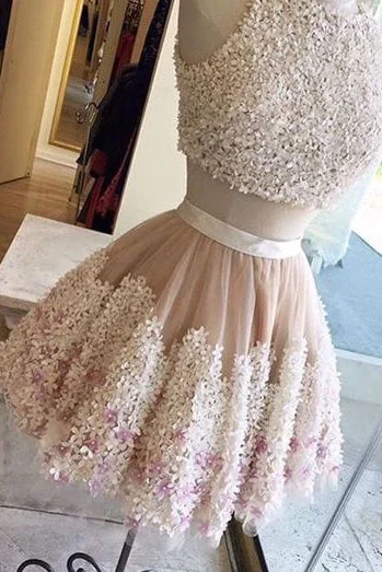 Cute Tull Flower Lace Appliques Short Prom Dresses,Two Pieces Homecoming Dresses OK464