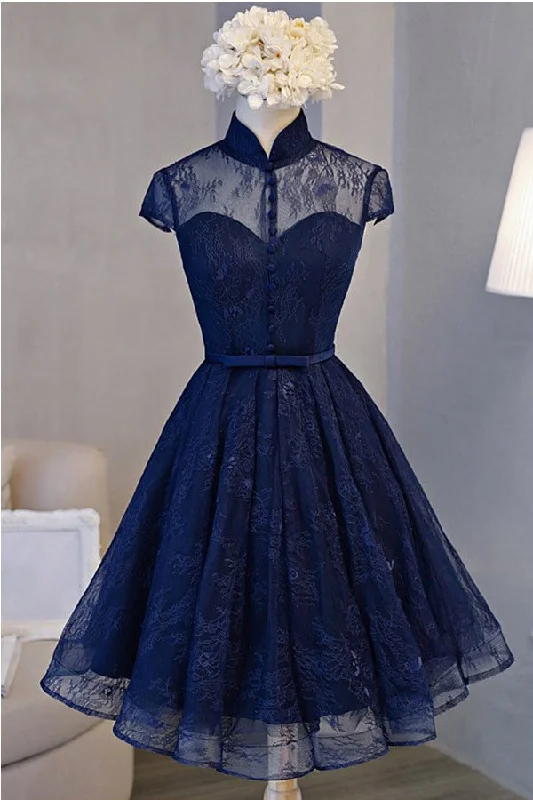 A-line High Neck Short Sleeve Knee-length Navy Blue Lace Homecoming Dresses OK507