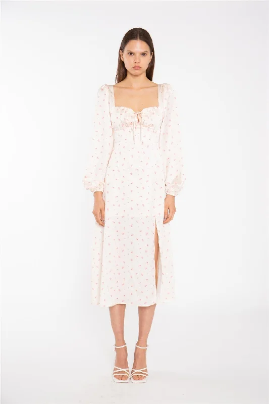 Peach-Pink Daisy Milkmaid Midi-Dress
