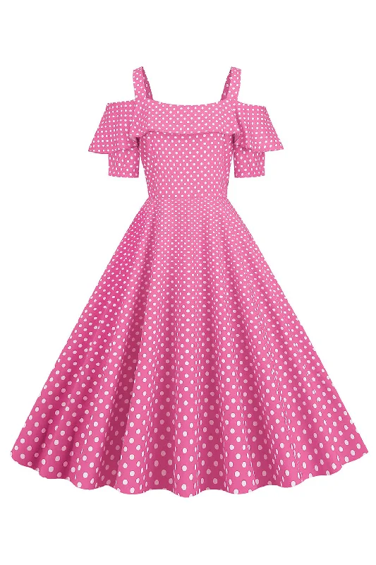 Cold Shoulder Polka Dots Pink 1950s Dress