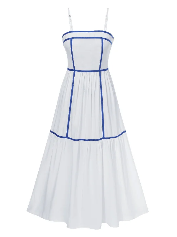 White 1950s Spaghetti Straps Blue Lines Dress