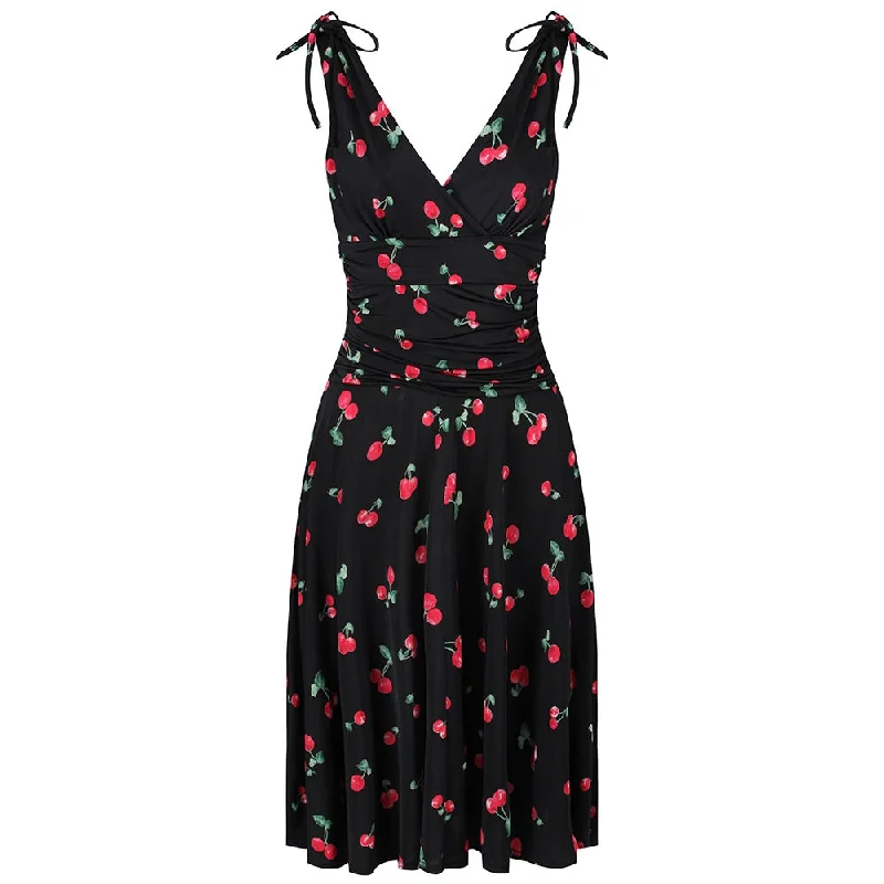 Black and Red Cherry Print Crossover Top Grecian V Neck 50s Swing Dress