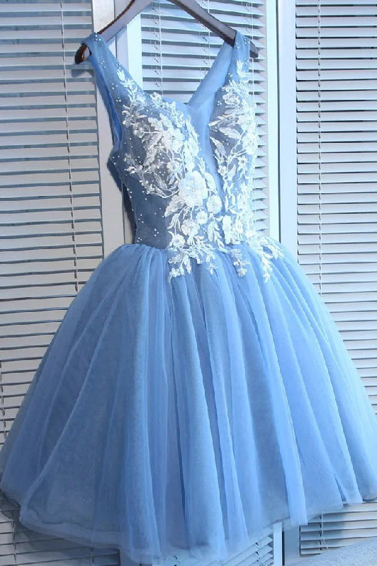 Blue Tulle A Line Lace Appliques Short Homecoming Dress OKC51