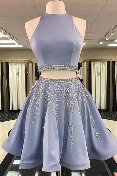 Stylish Two Piece A-Line Jewel Sleeveless Short Homecoming Dress With Beading OK432