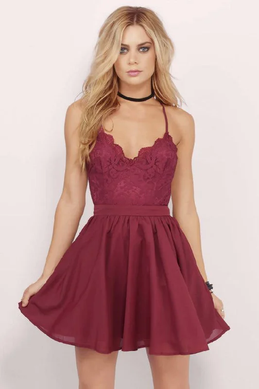 Burgundy Lace Homecoming Dresses,Spaghetti Straps Chiffon Short Prom Dress,Cheap Evening Dress OK353