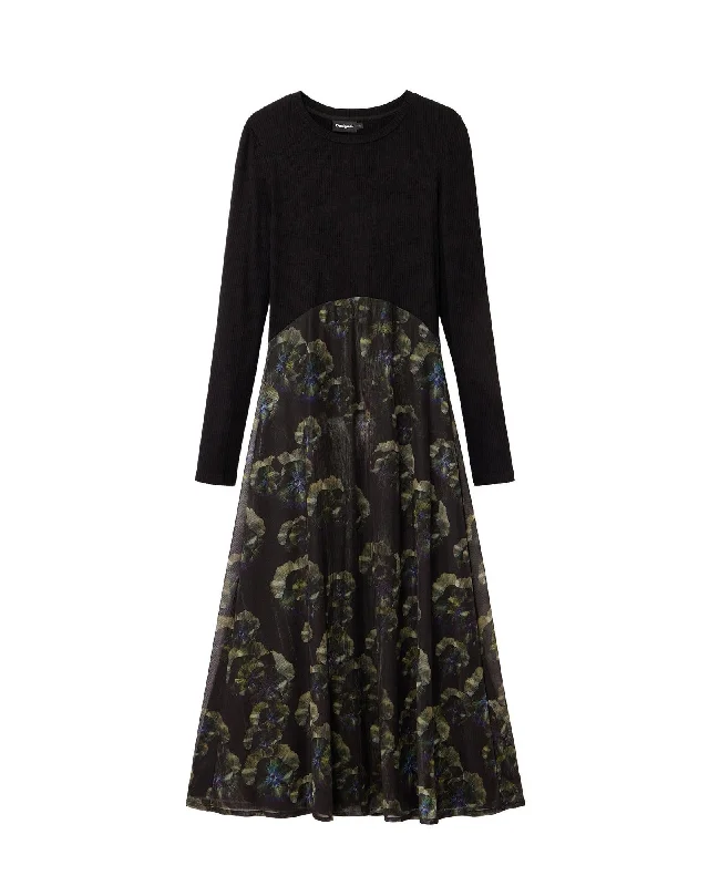 Floral Print Dress Ribbed Long Sleeve Midi