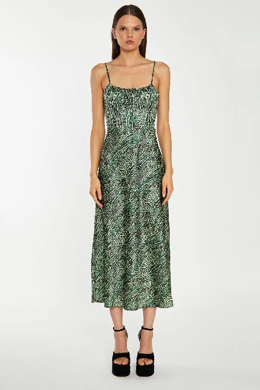 Green-Black Animal Strappy Milkmaid Midi-Dress