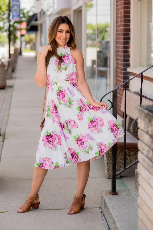 Bouquets Cinched Midi Dress Stylish Pleated Skirt Midi Dress