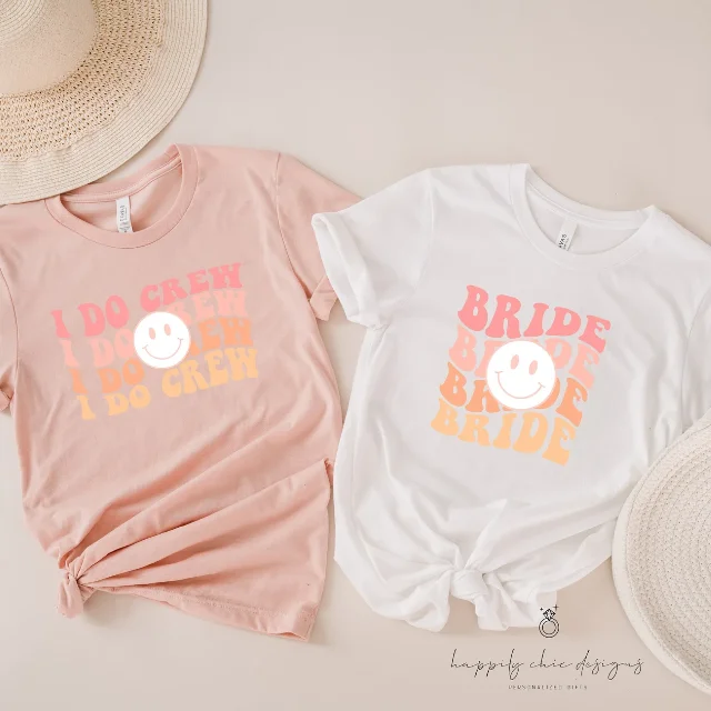 Retro i do crew happy face bridesmaid shirts- bachelorette party shirts- lets go bride tribe squad- bridal party shirt idea custom smile face Classic Solid Short Shirt