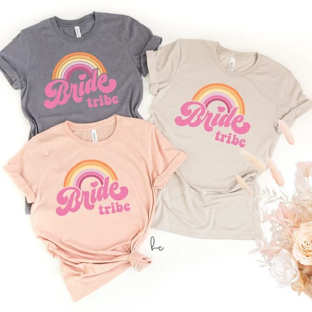 Retro rainbow bride tribe bridesmaid shirts- bachelorette party shirts- Bach Brides babes- bridal party tees shirts- gifts for proposal box Elegant Off-Shoulder Short Shirt