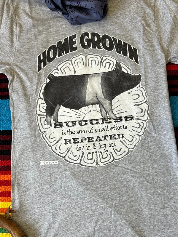 XOXO 'Home Grown Pig' Heather Grey Western Tee Shirt Relaxed Fit Short Shirt