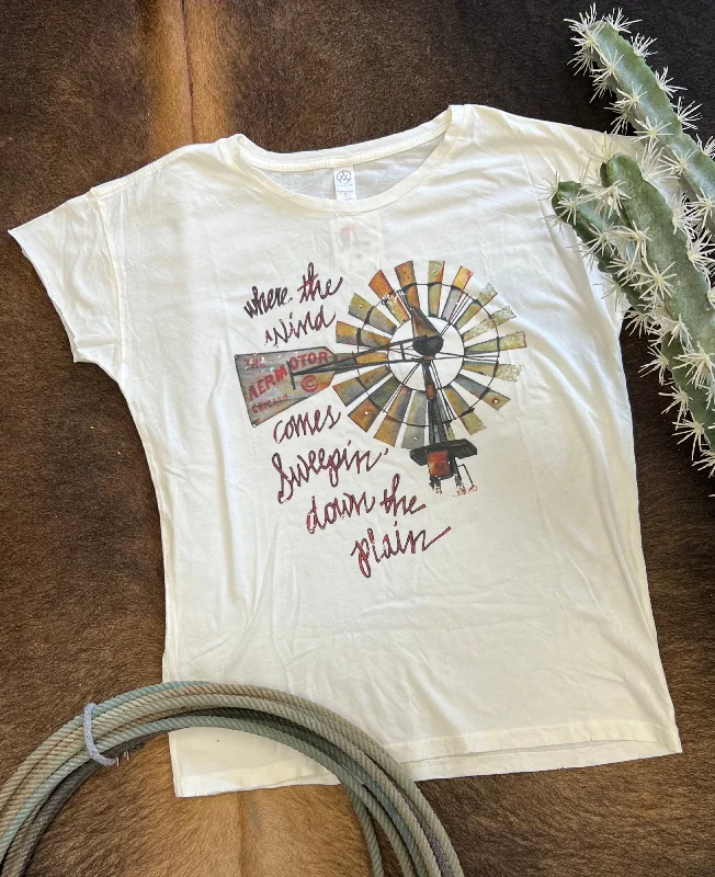 XOXO Windmill Distressed Cream Western Tee Shirt Trendy Print Short Sleeve