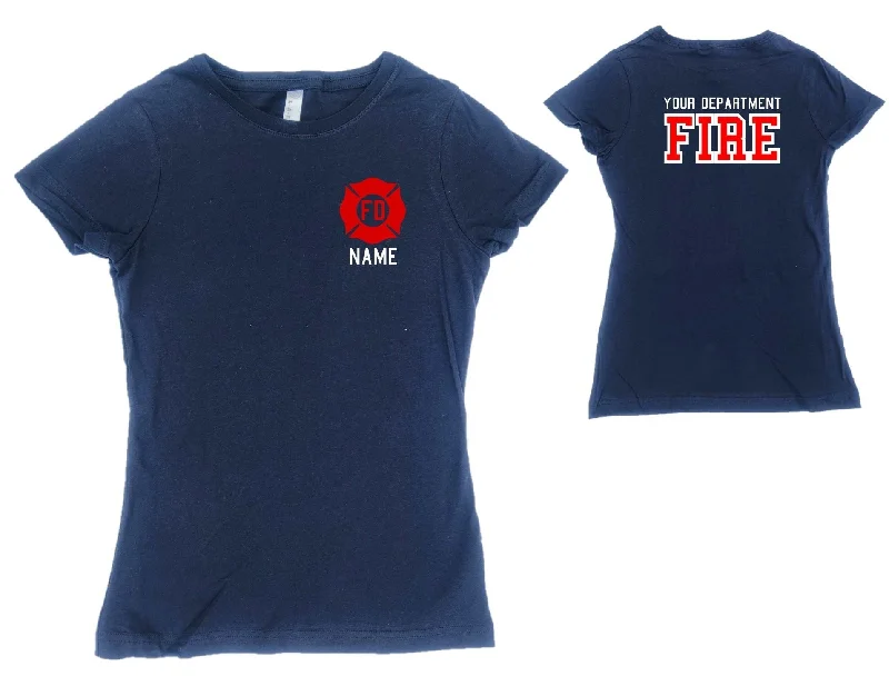 Firefighter Adult Womens Personalized Navy TShirt with RED Maltese Cross Elegant Lace Short Sleeve