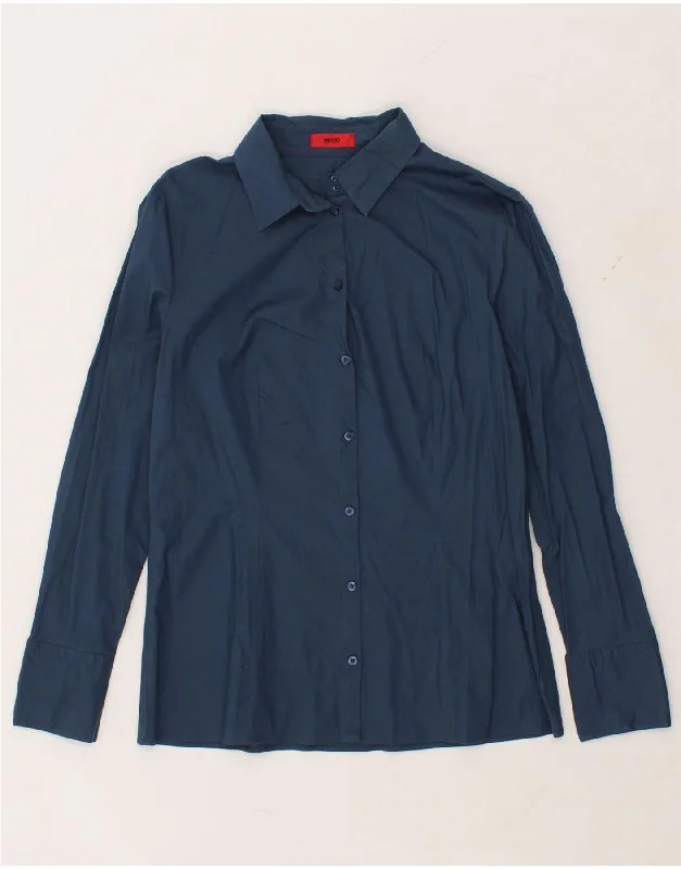 HUGO BOSS Womens Shirt EU 42 Large Navy Blue Cotton Cozy Printed Short Shirt