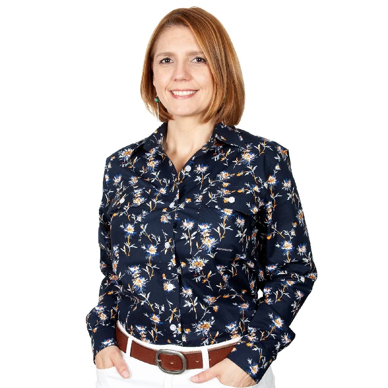 Just Country Wms Abbey Full Button Print Workshirt Navy Dandelion - Black Friday Sale Trendy Short Sleeve Tunic