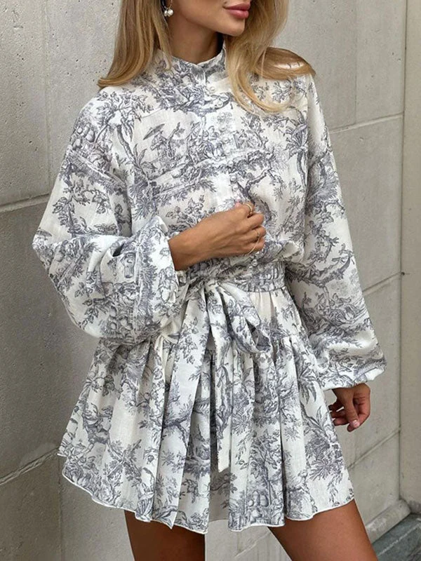 Lantern Long Sleeve Print Mini Dress Modern Satin Mini Dress