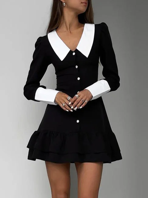 Lapel Color Block Black Mini Dress Casual Mini Dress with Pockets
