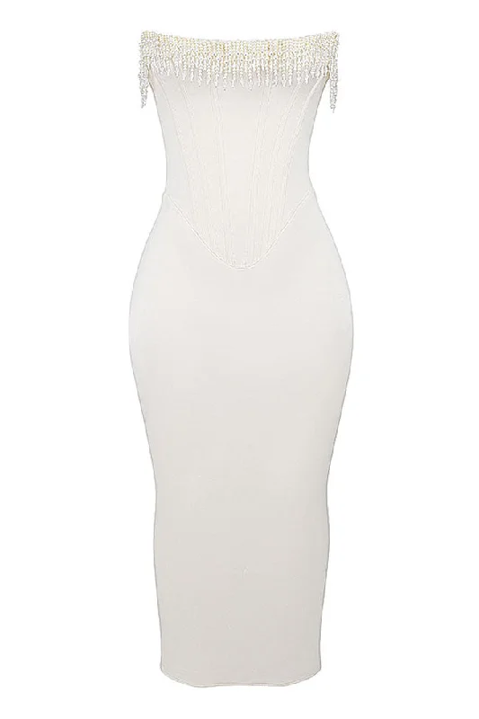 Luxurious Beaded Fringe Lace Up Corset Strapless Satin Cocktail Midi Dress Stylish Midi Dress with Cuffs
