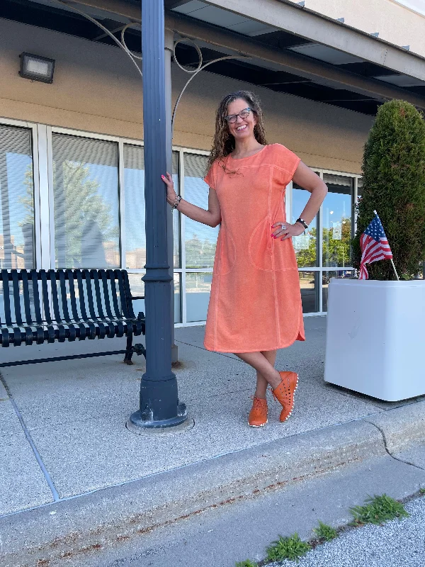 Oil Washed Baby French Terry Midi Dress - Tangerine Stylish Cold Shoulder Midi Dress