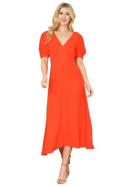 Orange Solid Puff Short Sleeve V Neck Midi Dress - Pack of 5 Trendy Square Neck Midi Dress