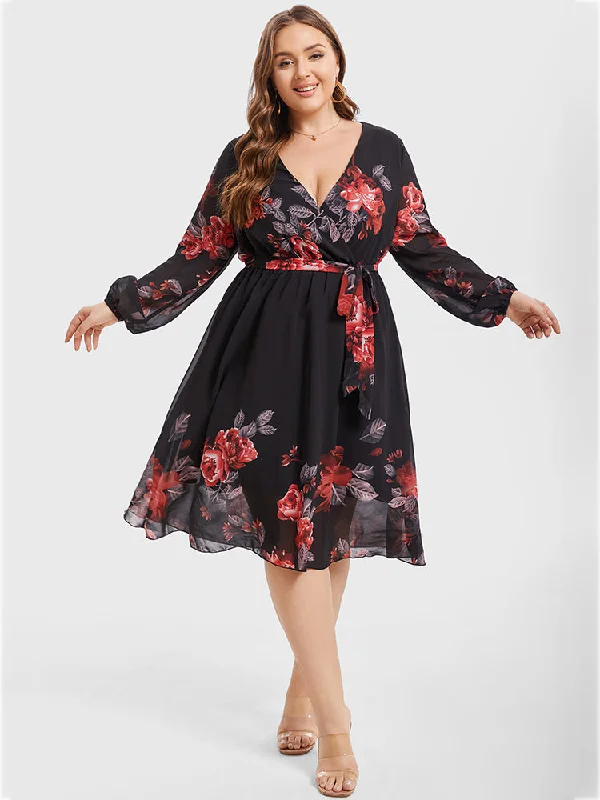Plus Floral Crisscross Wrap Midi Dress Stylish Button-Up Midi Dress