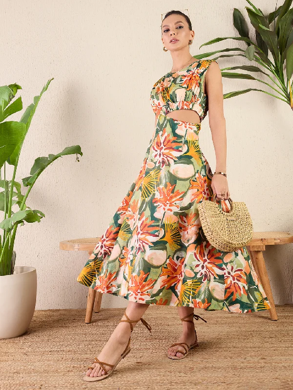 Printed Cotton Poplin Side Cut-Out Midi Dress Elegant Sleeveless Midi Dress