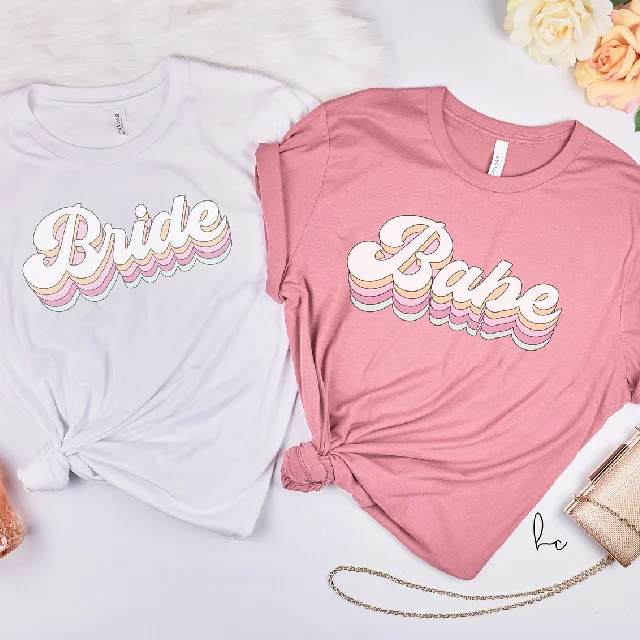 Retro bride bridesmaid shirts- bachelorette party shirts- brides babes bride tribe squad- bridal party shirts- gifts for bridesmaid proposal Elegant High-Low Short Shirt