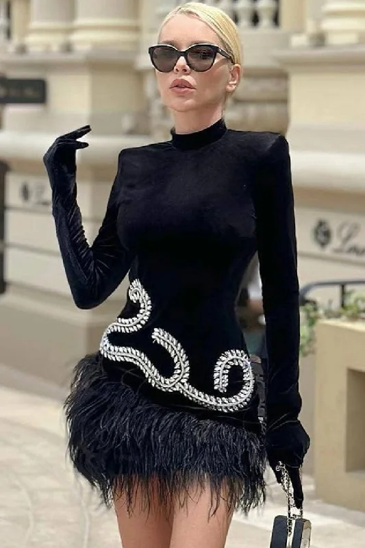Sparkly Rhinestone Glove Long Sleeve Faux Feather Velvet Party Mini Dress - Black Comfortable Wrap Mini Dress