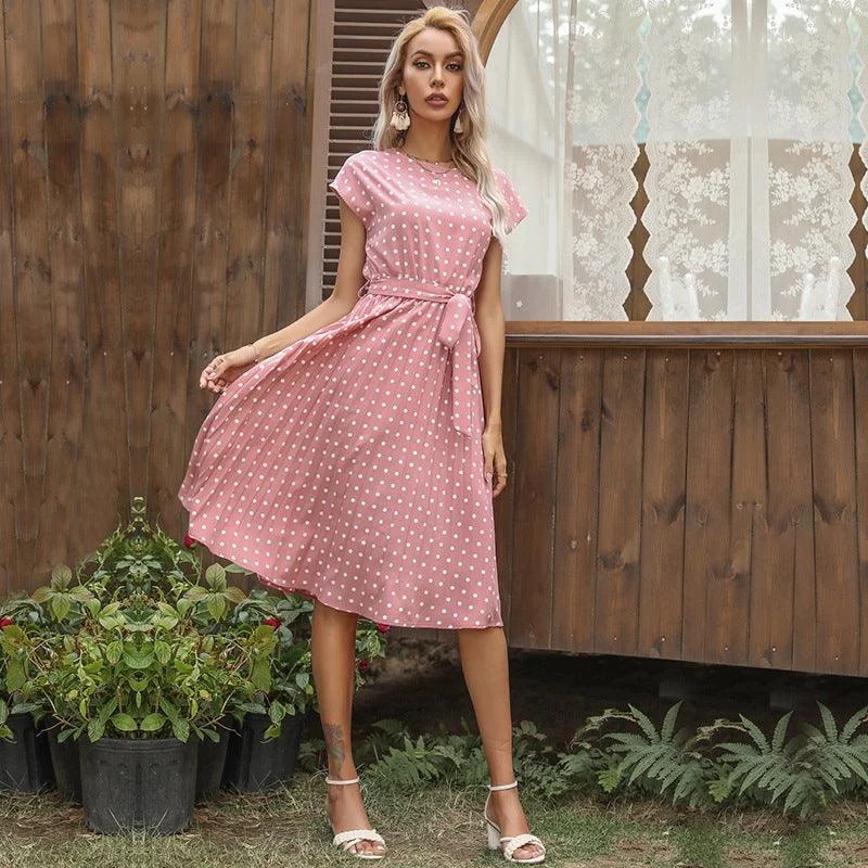 Summer Women Polka Dot Short Sleeve Dress Casual Bandage Party Pleated Midi Dresses Elegant Green Office Lady Clothing Elegant V-Neck Midi Dress