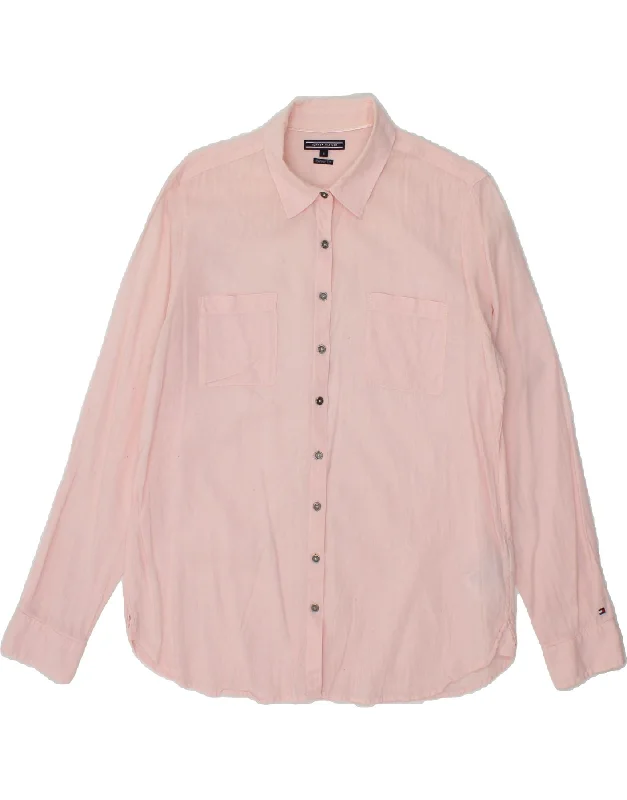 TOMMY HILFIGER Womens Shirt US 8 Medium Pink Linen Classic Short Sleeve Blouse