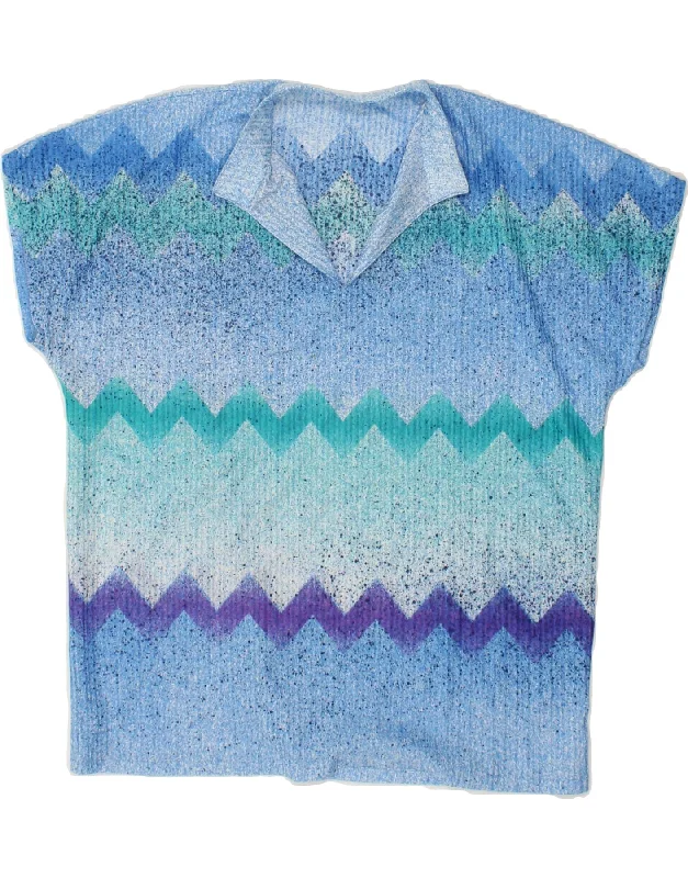 VINTAGE Womens Polo Shirt UK 14 Medium Blue Chevron Soft Cotton Short Tee